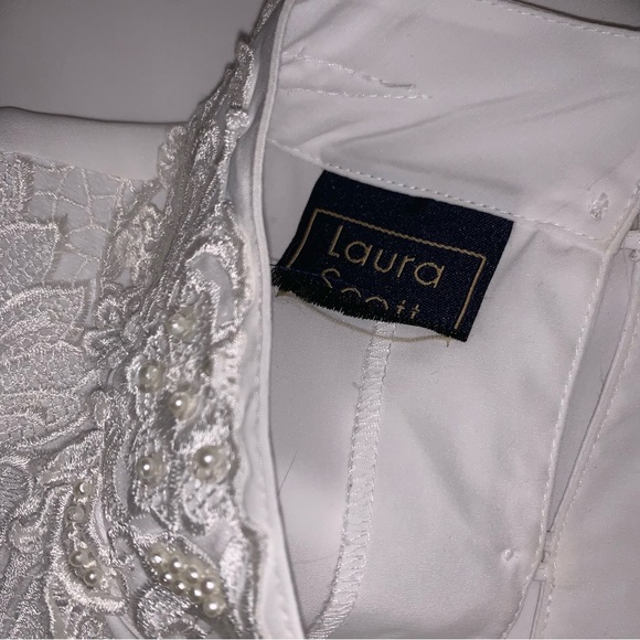 v i n t a g e :: Romantic Floral Lace High Neck Pearl Satin Blouse - Picture 8 of 14